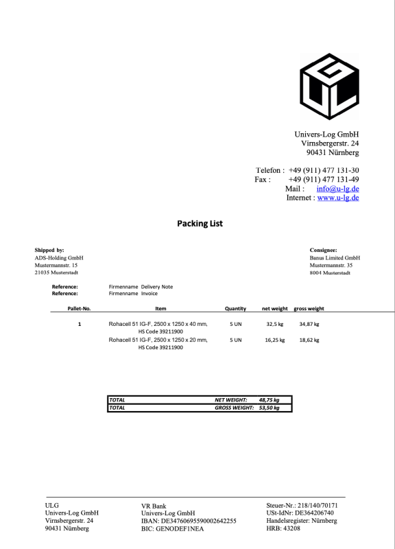 Packliste Zollabwicklung UNIVERS-LOG