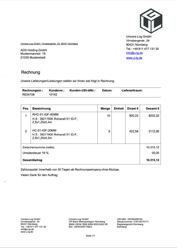 Handelsrechnung Zollabwicklung UNIVERS-LOG